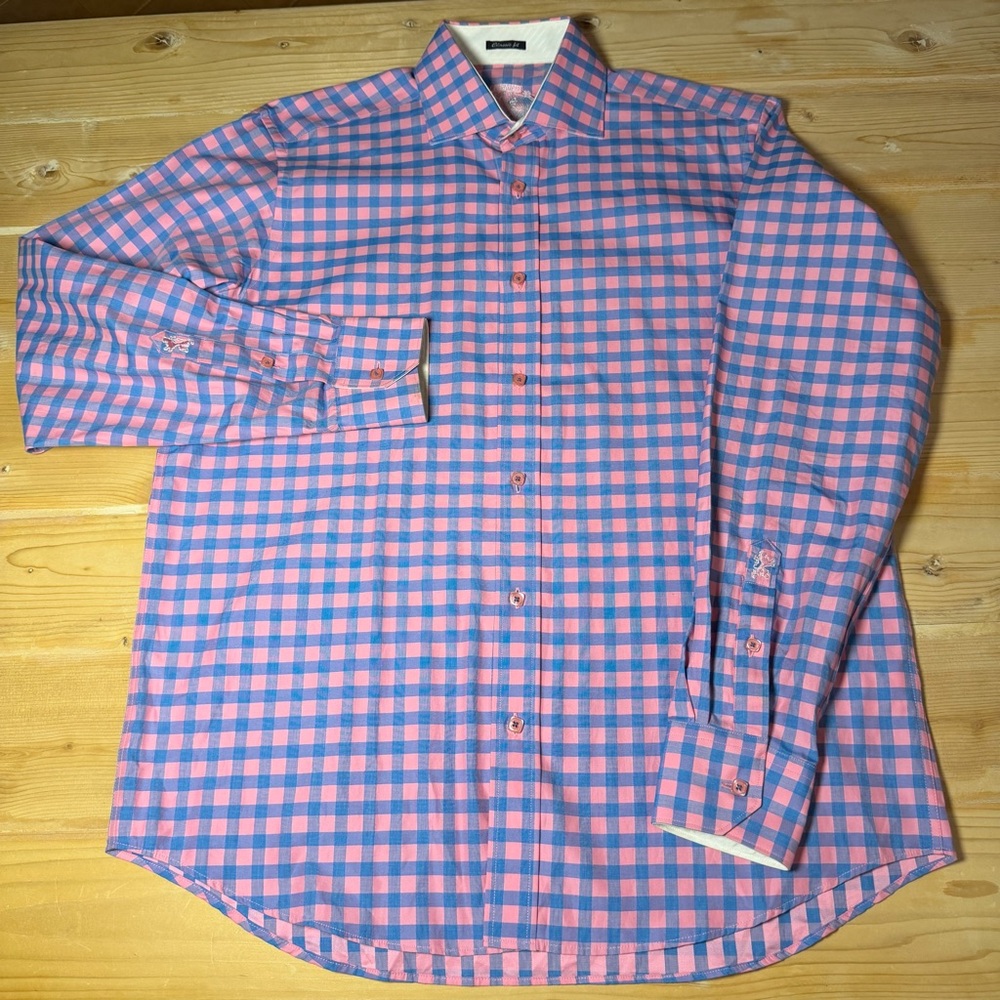 Bugatchi Uomo Mens Classic Fit‎ Gingham Check Button Down Shirt Pink Blue Lion